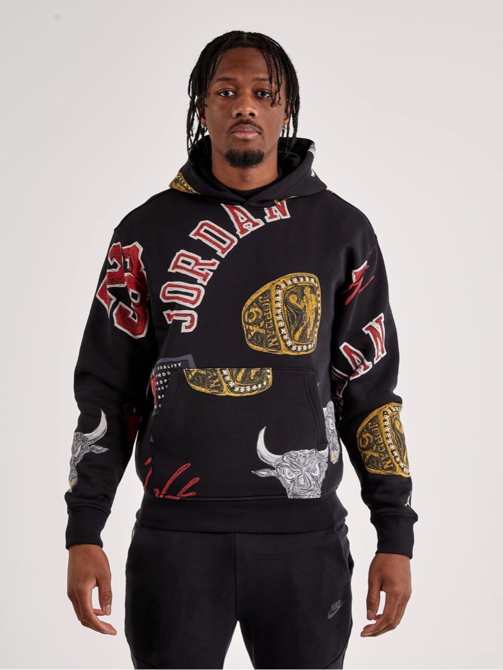 Jordan Bulls 23 Flight Black Pullover Hoodie Red Gold White Graphics SZ L
